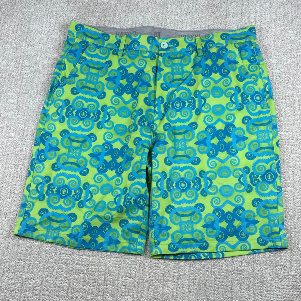 Hreski Mens 36 Green Blue 9" Swirl Geometric Performance Stretch Golf Shorts